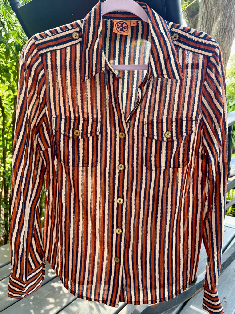 EUC!! TORY BURCH FALL Vertical Stripe Button-Down Shirt in Orange, Navy & White